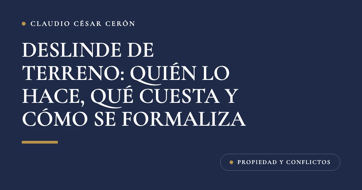 Tarjeta azul marino del despacho con el título Deslinde de terreno: quién lo hace, qué cuesta y cómo se formaliza